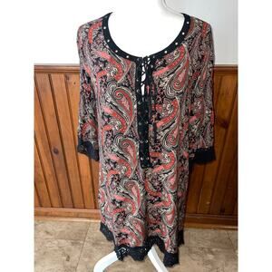 Womens Miss Me Red Black Paisley Cotton Lace Tassel Casual Dress Size‎ Large